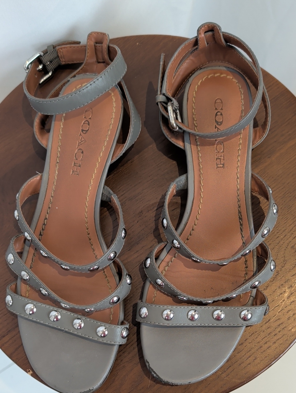 COACH Gray Leather Studded Strappy Sandals Size 8